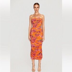 Sau Lee Farrah Dress Floral Ruched Midi Sz 4 Maximalist Mob Wife Romantic NWT